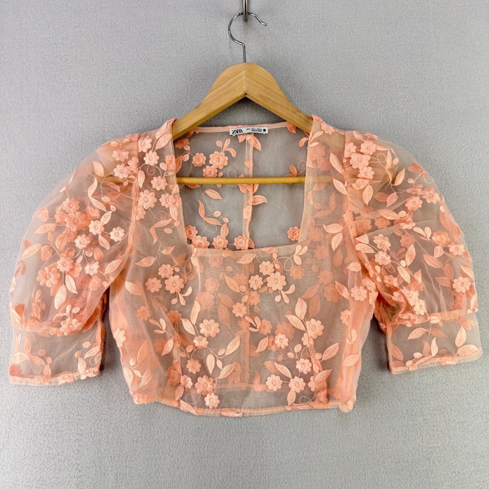 Zara Floral Embroidered Mesh Top Women S Peach Sheer Puff Sleeve Boho Whimsy